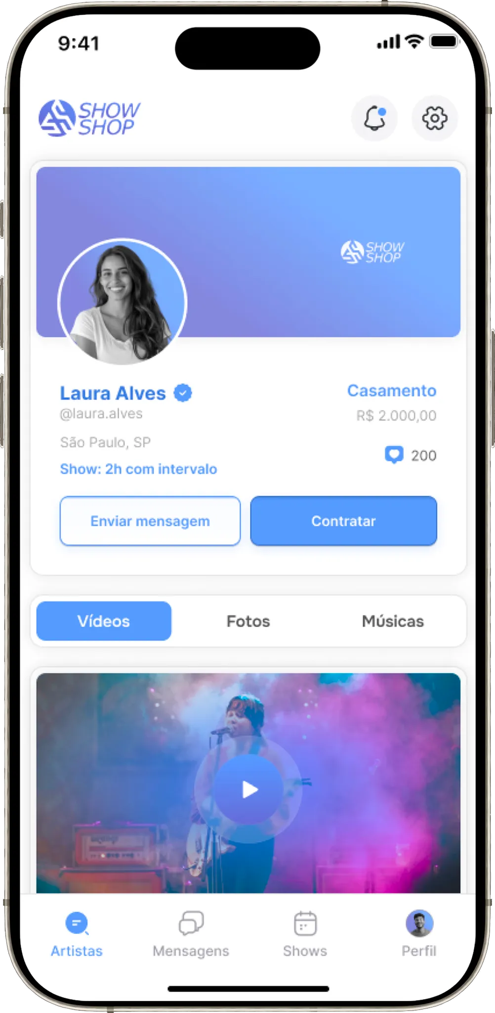 Show Shop app - perfil de artista com amostras de áudio
